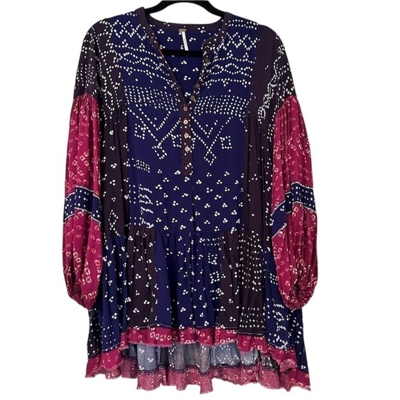 Free People Boho Shibori Patchwork Printed Long Sleeve Dress - Picture 2 of 8